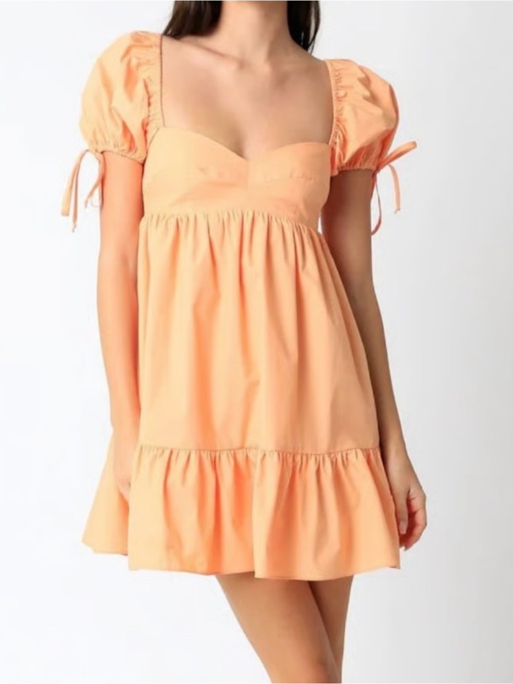 Olivaceous Peach Short Puff-Sleeve Babydoll Dress